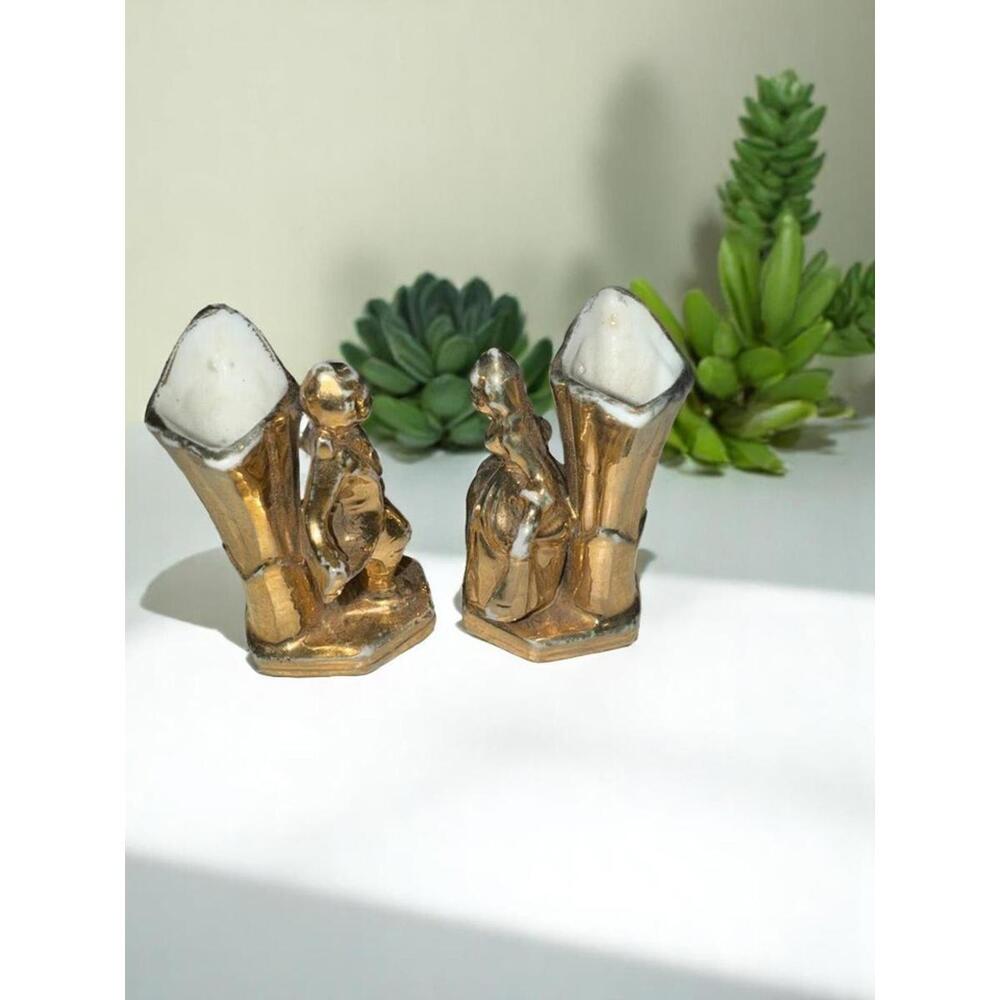 2 Miniature Porcelain Bud Vases Gold Color with a French Couple 2.5" Japan - Picture 2 of 8